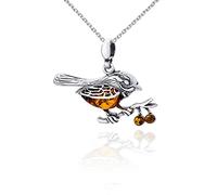 AMBEDORA Collier Femme Amber Sparrow, Argent Sterling Oxydé, Ambre Baltique de Couleur Cognac, Pendentif en Argent avec Chaîne