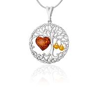 AMBEDORA Collier Femme Argent 925 Doré 14k Coeur Ambre Baltique, Pendentif Arbre de Vie Celtique avec Coeur d'Ambre sur Chaîne Serpent Ensemble Prêt pour un Cadeau