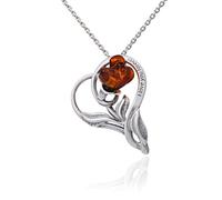 AMBEDORA Collier Femme Coeur avec Rose, Argent Sterling Oxydé, Rose en Ambre Baltique Sculptée à la main, Pendentif en Argent sur Chaîne avec Gravure