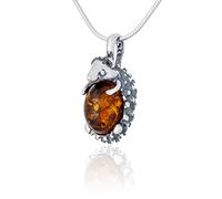 AMBEDORA Collier Femme Hérisson avec Ambre, Argent Sterling Oxydé, Ambre Baltique de Couleur Cognac, Pendentif en Argent avec Chaîne