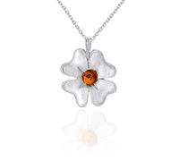 AMBEDORA Collier Femme Trèfle à Quatre Feuilles, Argent Sterling Poli, Ambre Baltique de Couleur Cognac, Pendentif avec Chaîne, Cadeau Pour vous, Votre Famille et Vos Amis