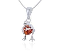 AMBEDORA Collier grenouille mod.02 pour femme avec ambre, argent sterling poli, ambre de la Baltique de couleur cognac, pendentif en argent avec chaîne