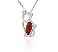 AMBEDORA, Collier Origami Cat pour Femme, Argent Sterling Plaqué Platine, Ambre Naturel de La Baltique de Couleur Cognac, Pendentif Plaqué Platine Avec Chaîne
