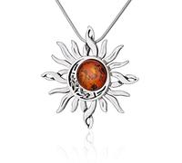 AMBEDORA, Collier pour Femme Argent 925 Oxydé, Ambre Baltique Rond, Pendentif Celtique Soleil et Lune sur Chaîne, Ensemble Prêt pour un Cadeau