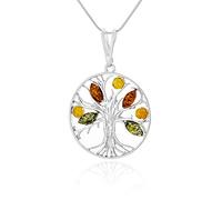 AMBEDORA Collier pour femme en argent 925 brillant pendentif en ambre baltique coloré arbre de vie celtique sur une chaîne de tissage de serpent prêt à l'emploi pour un cadeau