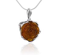 AMBEDORA Collier pour femme en argent sterling oxydé, rose d'ambre baltique sculptée à la main, pendentif rose d'ambre Mod 60 sur chaîne serpent, Prêt Set cadeau prêt à l'emploi, Argent sterling,
