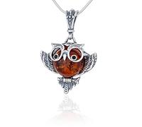 AMBEDORA Collier pour Femmes Hibou Sage avec Ambre, Argent Sterling Oxydé, Ambre Baltique de Couleur Cognac, Pendentif en Argent Avec Chaîne