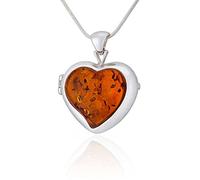 AMBEDORA Collier pour Femmes, Médaillon, Argent Sterling Poli avec Nanocoating Protecteur, Cœur D'ambre de Couleur Cognac, Pendentif Secret en Argent avec Chaîne