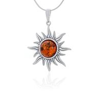 AMBEDORA Collier soleil mod.03 L pour femme avec ambre, argent sterling oxydé, ambre de la Baltique ronde de couleur cognac, pendentif en argent avec chaîne