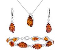 AMBEDORA Ensemble de bijoux pour femme grand ambre 846B en argent sterling 925 brillant, cognac ambre de la Baltique, pendentif en argent avec chaîne et boucles d'oreilles