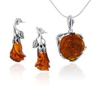 AMBEDORA Ensemble de Bijoux pour Femmes Ambre 060, Argent Sterling Oxydé, Roses D'ambre Sculptées à la Main de Couleur Cognac, Pendentif en Argent sur Chaîne et Boucles D'oreilles