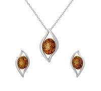 AMBEDORA Ensemble de Bijoux Pour Femmes Flammes D'ambre, Argent Sterling Poli, Ambre Baltique de Couleur Cognac, Argent Pendentif sur Chaîne et Boucles D'oreilles