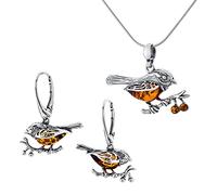 AMBEDORA Ensemble de Bijoux pour Femmes Moineaux D'ambre, Argent Sterling Oxydé, Ambre Baltique de Couleur Cognac, Pendentif en Argent sur Chaîne et Boucles D'oreilles