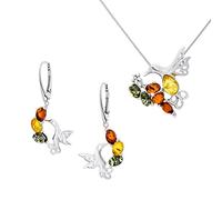 AMBEDORA Ensemble Femme Argent 925 Brillant, Ambre Baltique Coloré, Collier Colibri et Boucles d'Oreilles, Ensemble Prêt pour un Cadeau