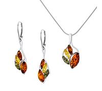 AMBEDORA Ensemble Sabine pour femme Argent 925 brillant, ambre baltique coloré, pendentif et boucles d'oreilles en chaîne serpent, Ensemble Prêt pour un Cadeau
