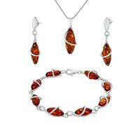 AMBEDORA Étendue Parure Femme Marquise, Argent Sterling Poli, Ambre Baltique de Couleur Cognac, Bracelet en Argent, Pendentif avec Chaîne et Boucles D'oreilles