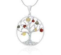 AMBEDORA Grand collier en argent pour femme - Motif arbre de vie - Avec ambre, argent sterling poli, ambre de la Baltique multicolore - Pendentif en argent sur chaîne