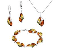 AMBEDORA Grand ensemble Sabine pour femme - Argent Sterling 925, Ambre Baltique coloré, Pendentif avec Chaîne Serpent, Boucles d'oreilles, Bracelet