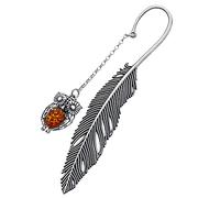 AMBEDORA Marque-page en argent 925 oxydé, ambre baltique ovale de couleur cognac, marque-page hibou en argent avec ambre L. 11,5 cm