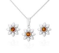 AMBEDORA Mod.01 Parure de bijoux pour femme en argent sterling poli et ambre de la Baltique Cognac avec collier et boucles d'oreilles