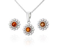 AMBEDORA Mod.03 Parure de bijoux pour femme en argent sterling poli et ambre de la Baltique Cognac avec collier et boucles d'oreilles