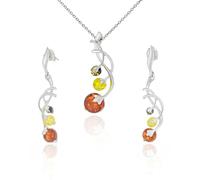 AMBEDORA Mod.1570 Parure de bijoux pour femme en argent sterling poli et ambre de la Baltique multicolore Pendentif en argent sur collier et boucles d'oreilles, Argent sterling, Ambre