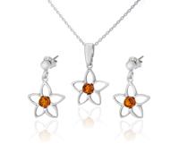 AMBEDORA Parure de bijoux en argent avec petites fleurs en filigrane - Argent sterling poli - Ambre de la Baltique de couleur cognac - Pendentif en argent sur collier et boucles d'oreilles