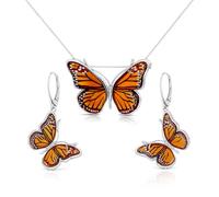 AMBEDORA Parure de bijoux en argent sterling 925 avec collier et boucles d'oreilles en véritable ambre de la Baltique - Papillon monarque - P22 LM - Chaîne serpent de 45 à 50 cm - Cognac