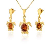 AMBEDORA Parure de bijoux en argent sterling plaqué or avec tortue de mer et ambre de la Baltique de couleur cognac, collier et boucles d'oreilles oxydés