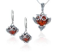 AMBEDORA Parure de bijoux pour femme en argent sterling oxydé, avec pendentif en argent sterling et ambre de la Baltique de couleur cognac, avec chaîne et boucles d'oreilles, Argent sterling, Ambre