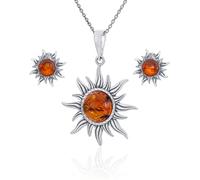 AMBEDORA Parure de bijoux soleil mod.03 pour femme - En argent sterling 925 - Ambre de la Baltique - Couleur cognac - Pendentif en argent sur chaîne et boucles d'oreilles