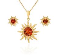 AMBEDORA Parure de bijoux soleil mod.03 pour femme - Plaqué or - Argent sterling - Ambre de la Baltique de couleur cognac - Pendentif plaqué or sur chaîne et boucles d'oreilles