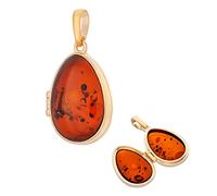 AMBEDORA Pendentif en ambre de la Baltique naturelle plaqué or et argent sterling plaqué or 2 médaillon ovale pour femme avec chaîne libre, Argent sterling, Ambre