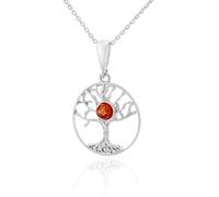 AMBEDORA Petit collier en argent pour femme avec arbre de vie mod.09 avec ambre, argent sterling poli, ambre de la Baltique de couleur cognac, pendentif en argent avec chaîne
