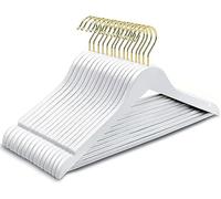 Amber Home Lot de 10 Cintres en Bois Blanc 44.5cm, Robustes et Lisses, pour T-Shirts Costumes Chemise Manteaux Robe, avec Encoches et Barre, Crochet Doré