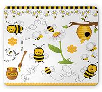 Ambesonne Tapis de souris Collage Abeilles Volantes Marguerite Miel Camomille Fleurs Pollen Printemps Imprimé Animal Tapis de souris Rectangle en caoutchouc antidérapant Taille standard Blanc Jaune