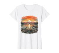 Ambiance de W nd en Chalet de Montagne au Coucher du Soleil sur lac de pêche T-Shirt Graphique avec Valeur, Femme, Blanc, XS