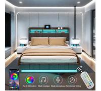 AMBIANCE - Lit Double Connecté 140x190cm | Cadre de Lit avec 4 Tiroirs de Rangement | Tête de Lit LED, USB & Type-C | Sommier