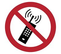 Ambiance Sticker autocollant ISO7010, téléphones interdits, 20 cm | Pictogramme d'interdiction conforme NF ISO7010, vinyle laminé résistant UV et eau, fabriqué en Belgique, Format rond