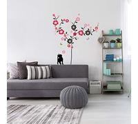 Ambiance Sticker Autocollant Muraux Décoration Adhésifs Arbre en Fleur, Chat et Papillons Sticker Murale pour Bébé, Chambre d'enfant et Salon - H50 x L70 cm