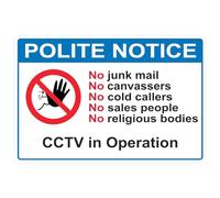 Ambiance Sticker Autocollant Vinyl Signalétique - DP063AL-W Polite Notice: No Junk Mail, No Canvassers, No Cold Callers, No Sales People, No Religious Bodies, CCTV in Operation Sign - H10 x L15 cm