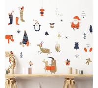 Ambiance Sticker Noël Merry Christmas Autocollants Stickers Adhésifs Noël Décoration Fêtes pour Chambre et Salon Père Noël et Ses Animaux - H90 x L95 cm