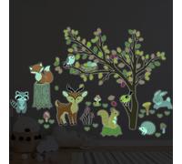 Ambiance Sticker Phosphorescent Lumineux Autocollant Mural Plafond Enfant Fluorescent Animaux en Forêt d'Automne - H80 x L105 cm