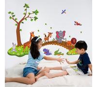 Stickers adhésifs Enfants | Sticker Autocollant Animaux rigolos sur Un Pont - Décoration Murale Chambre Enfants | 90 x 60 cm