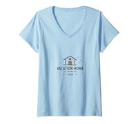 Ambiances de Maison de Vacances : Icône Cozy Retreat T-Shirt avec Col en V, Femme, Bleu Céleste, XXL