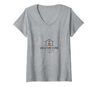 Ambiances de Maison de Vacances : Icône Cozy Retreat T-Shirt avec Col en V, Femme, Gris Chiné, M