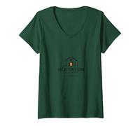 Ambiances de Maison de Vacances : Icône Cozy Retreat T-Shirt avec Col en V, Femme, Vert Forêt, XL