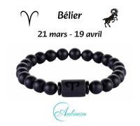 AMBIANSEA® Bracelet Homme Perles noires 8mm Zodiaque - Cadeau Anniversaire Saint-Valentin Noël - BELIER