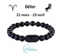 AMBIANSEA® Bracelet Homme Perles noires 8mm Zodiaque - Cadeau St Valentin Anniversaire Fêtes - BELIER