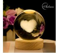 AMBIANSEA® Lampe Veilleuse LED Nuage Cœur Boule cristal gravée 3D Socle bois - Cadeau St-Valentin Anniversaire Amour Amitié Fêtes